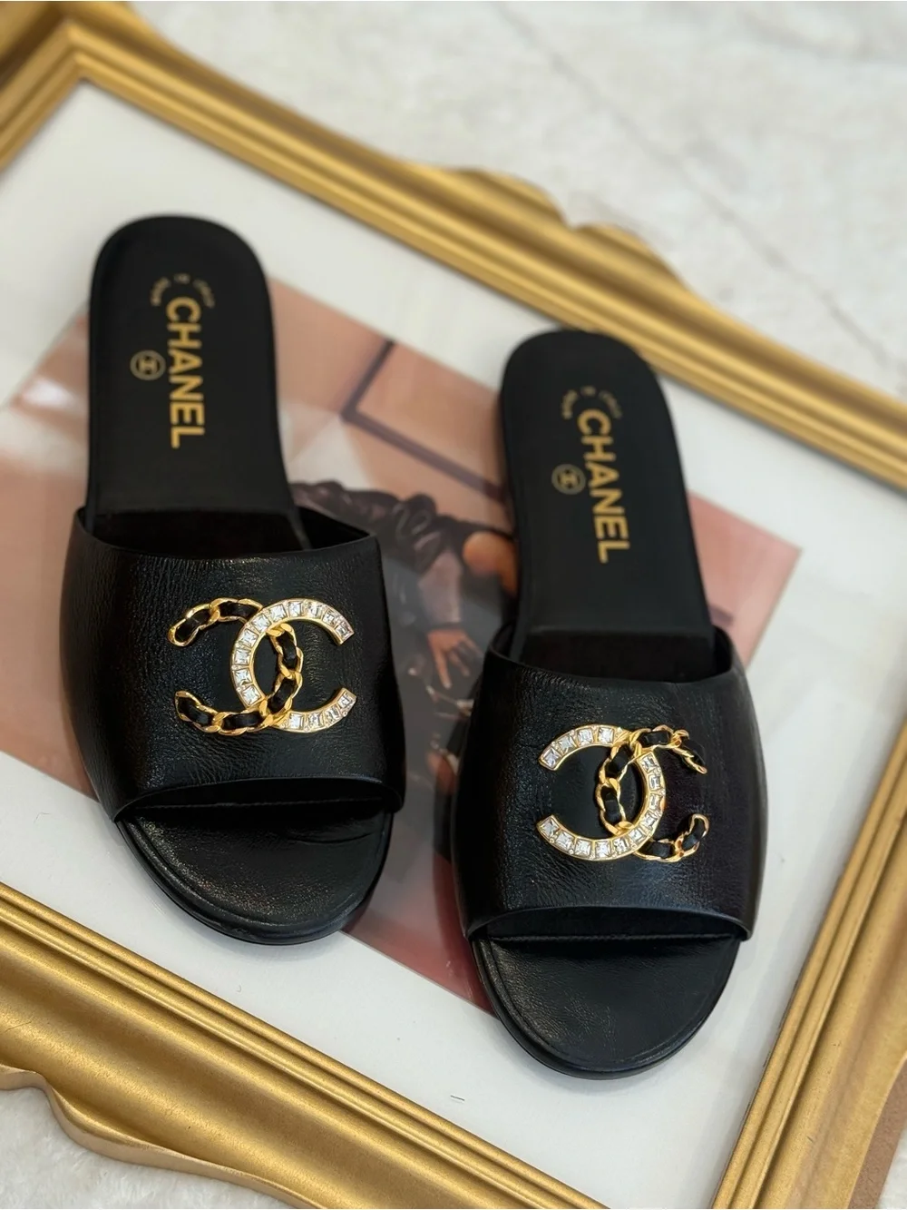 CHANEL Black Leather Crystal CC Chain Slide sandals size 38